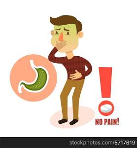 Sick stomach ache nausea male person character with pill vector illustration