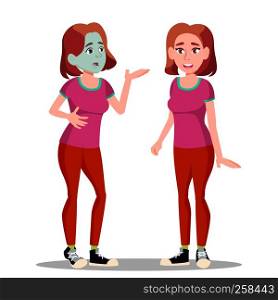 Sick Teen Girl With Green Face, Before And After Vector. Isolated Illustration. Sick Teen Girl With Green Face, Before And After Vector. Isolated Cartoon Illustration