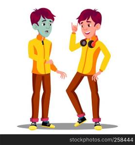 Sick Teen Guy With Green Face, Before And After Vector. Isolated Illustration. Sick Teen Guy With Green Face, Before And After Vector. Isolated Cartoon Illustration