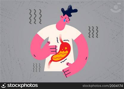 Sick unhealthy man from stomachache or painful feeling in belly. Unwell ill guy struggle with gastritis or abdominal pain. Gastric disease, stomach bloating. Healthcare concept. Vector illustration. . Unhealthy man suffer from acute abdominal pain