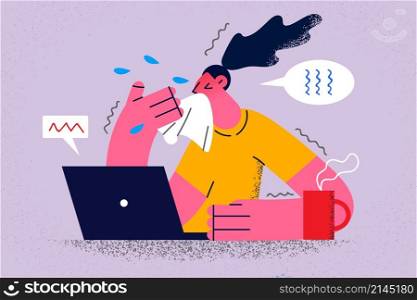 Sick woman employee work on computer in office feel sick suffer from corona virus. Unwell female worker busy with laptop job struggle with covid-19 flu or fever. Flat vector illustration. . Sick woman work on computer having cold