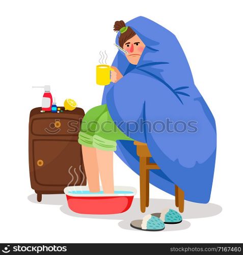 Sick woman in blanket. Flu home treatment, lady with hot cup, vector icon on white background. Sick woman in blanket