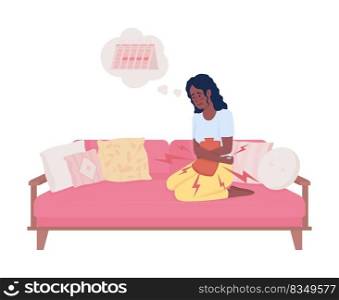 Sick woman relieving period cramps with heating pad semi flat color vector character. Editable figure. Full body person on white. Simple cartoon style illustration for web graphic design and animation. Sick woman relieving period cramps with heating pad semi flat color vector character