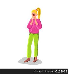 Sick Woman Suffering From Gland Sore Ache Vector. Sad Sickness Young Girl Suffer From Gland Pain, Disease Human Endocrine System. Character Medical Internal Organ Flat Cartoon Illustration. Sick Woman Suffering From Gland Sore Ache Vector