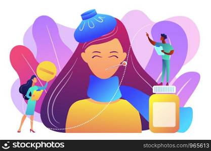 Sick woman with flu and cold symptoms and doctors, tiny people. Seasonal flu, contagious respiratory illness, influenza viruses treatment concept. Bright vibrant violet vector isolated illustration. Seasonal flu concept vector illustration.