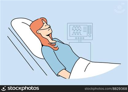 Sick woman with oxygen lying in hospital bed. Unhealthy female patient rest in clinic, monitored with electronic devices. Healthcare and medicine. Vector illustration. . Sick female patient with oxygen in hospital