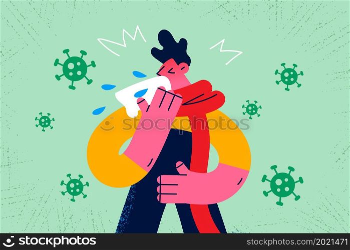 Sick young man blow running nose feel unhealthy suffer from covid-19 symptoms. Ill guy have fever or cold, struggle with corona virus infection. Coronavirus, pandemics concept. Vector illustration. . Unhealthy guy blow nose struggle with coronavirus