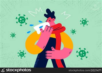 Sick young man blow running nose feel unhealthy suffer from covid-19 symptoms. Ill guy have fever or cold, struggle with corona virus infection. Coronavirus, pandemics concept. Vector illustration. . Unhealthy guy blow nose struggle with coronavirus
