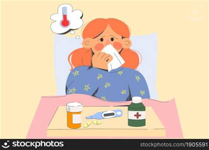 Sick young woman stay in bed cough sneeze suffer from flu or fever at home. Unhealthy ill girl with high temperature, have covid-19 corona virus symptoms. Healthcare, medicine. Vector illustration. . Unhealthy woman stay in bed suffer from fever