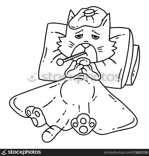 Sickening cat with thermometer under the blanket. Page for coloring book, greeting card, prin. Black and white vector illustration. Outline drawing. Isolated objects on white background.