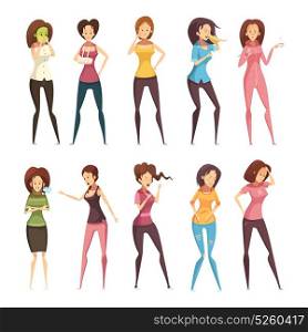 Sickness Woman Retro Cartoon Icon Set. Colored and isolated sickness woman retro cartoon icon set with different women vector illustration