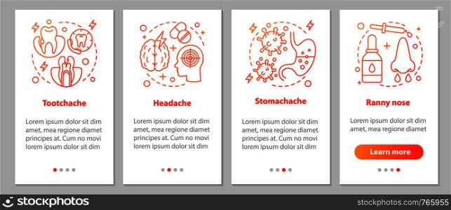 Sicknesses onboarding mobile app page screen with linear concepts. Headache, toothache, stomachache, runny nose steps graphic instructions. UX, UI, GUI vector template with illustrations. Sicknesses onboarding mobile app page screen with linear concept
