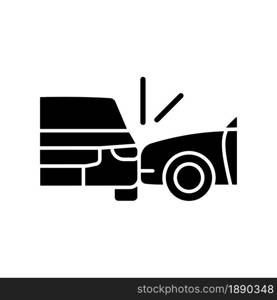 Side collision black glyph icon. Broadside crash. T-bone collision. Car accident. Distracted driving. Side-impact crash by vehicle. Silhouette symbol on white space. Vector isolated illustration. Side collision black glyph icon