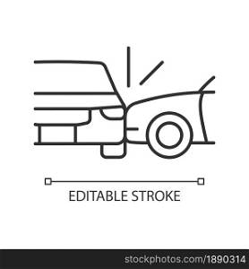 Side collision linear icon. Broadside crash. T-bone collision. Car accident. Distracted driving. Thin line customizable illustration. Contour symbol. Vector isolated outline drawing. Editable stroke. Side collision linear icon