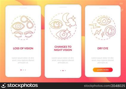 Side effects of surgery onboarding mobile app page screen. Eye surgery results walkthrough 3 steps graphic instructions with concepts. UI, UX, GUI vector template with linear color illustrations. Side effects of surgery onboarding mobile app page screen