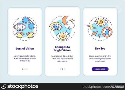 Side effects onboarding mobile app page screen. Eye surgery risks walkthrough 3 steps graphic instructions with concepts. UI, UX, GUI vector template with linear color illustrations. Side effects onboarding mobile app page screen