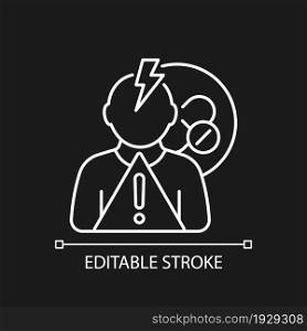 Side effects risk white linear icon for dark theme. Experimental drug reactions. Testing treatments. Thin line customizable illustration. Isolated vector contour symbol for night mode. Editable stroke. Side effects risk white linear icon for dark theme