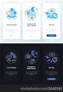 Side effects white, black onboarding mobile app page screen. Eye surgery walkthrough 3 step graphic instructions with concepts. UI, UX, GUI vector template with linear night and day mode illustrations. Side effects white, black onboarding mobile app page screen