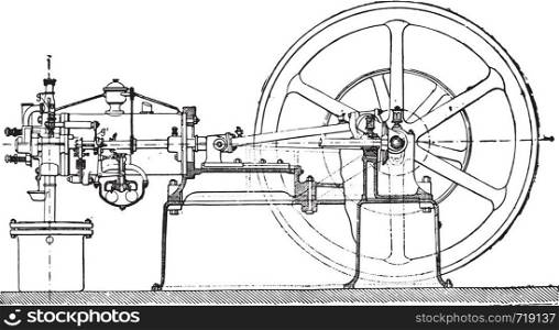 Side elevation of an Otto engine, the frame being assumed section along the axis of the rod which controls the slide, vintage engraved illustration. Industrial encyclopedia E.-O. Lami - 1875.