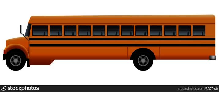 Side of long school bus mockup. Realistic illustration of side of long school bus vector mockup for web design isolated on white background. Side of long school bus mockup, realistic style