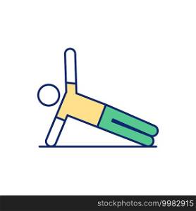 Side plank position RGB color icon. Maintaining slim waist. Raising top arm straight. Back pain prevention. Engaging abdominal muscles. Feminine hourglass shape. Isolated vector illustration. Side plank position RGB color icon