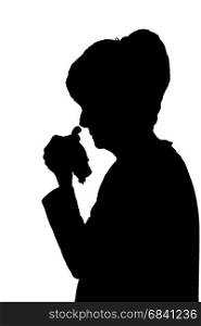 Side profile portrait silhouette of sad elderly lady crying or sick