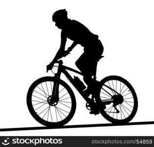 Side profile silhouette of male mountain bike racer riding bicycle