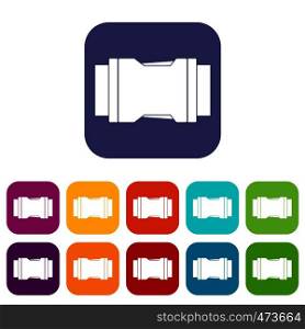 Side release buckle icons set vector illustration in flat style In colors red, blue, green and other. Side release buckle icons set flat