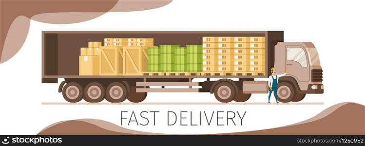 Side Veiw of Open Express Fast Delivery Truck Banner. Shipping Van Full of Cardboard Box, Wooden Pallet, Barrel and Tank. Worker in Uniform Standing Infront. Flat Cartoon Vector Illustration. Side Veiw of Open Express Delivery Truck Banner