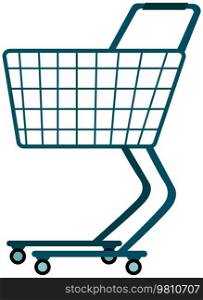 Side view empty supermarket shopping trolley. Grocery cart on wheels with handle to hold. Device for transportation of products, food in store. Food cart for shopping isolated on white background. Side view empty supermarket shopping trolley. Device for transportation of products, grocery cart