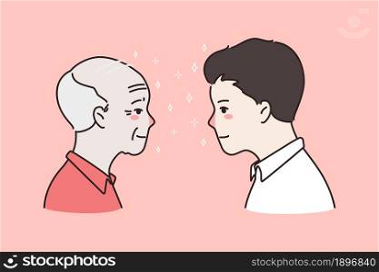 Side view faces of young and old man facing each other. Younger and older male generation on one picture. Facial changes with age. Maturity, growing, aging concept. Flat vector illustration. . Young and old men facial each other