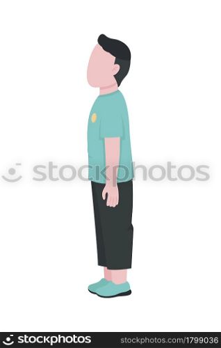 Side view male preschooler semi flat color vector character. Standing figure. Full body person on white. Elementary student isolated modern cartoon style illustration for graphic design and animation. Side view male preschooler semi flat color vector character