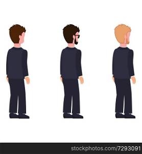 Side view males flat style, man constructor set of cartoon characters in classic suit, with different hairstyle and color, vector illustration isolated,. Side View Males Flat Style, Man Constructor Set