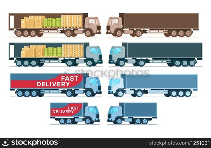 Side View of Cargo Express Delivery Truck Set. Factory Warehouse Shipping Transportation Equipment. Fast Storage Transport. Depot Supply Car Collection. Flat Cartoon Vector Illustration. Side View of Cargo Express Delivery Truck Set