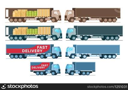 Side View of Cargo Express Delivery Truck Set. Factory Warehouse Shipping Transportation Equipment. Fast Storage Transport. Depot Supply Car Collection. Flat Cartoon Vector Illustration. Side View of Cargo Express Delivery Truck Set