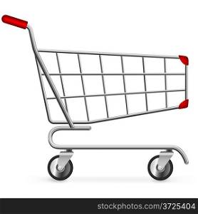 Side view of empty shopping cart isolated on white background.