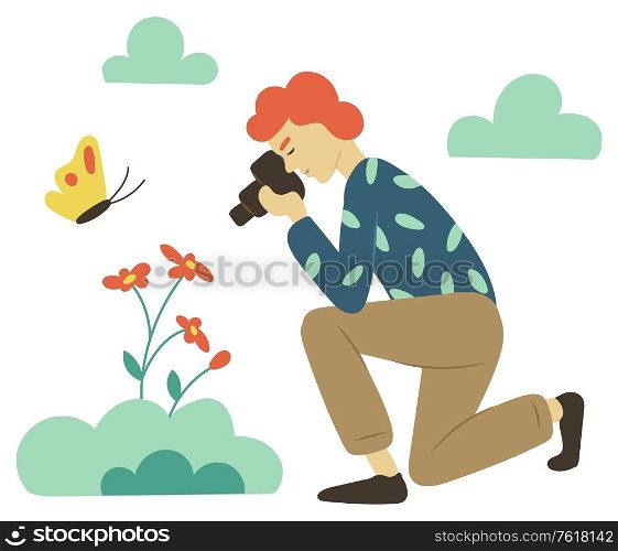Side view of female character holding camera shooting flower. Sitting woman holding digital equipment photo-shooting blossom, butterfly and cloud vector. Woman Photo-shooting, Digital Camera, Hobby Vector