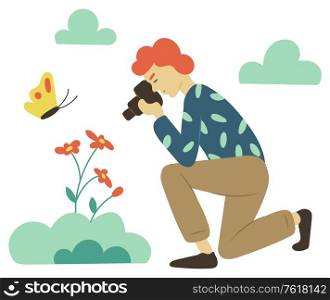 Side view of female character holding camera shooting flower. Sitting woman holding digital equipment photo-shooting blossom, butterfly and cloud vector. Woman Photo-shooting, Digital Camera, Hobby Vector
