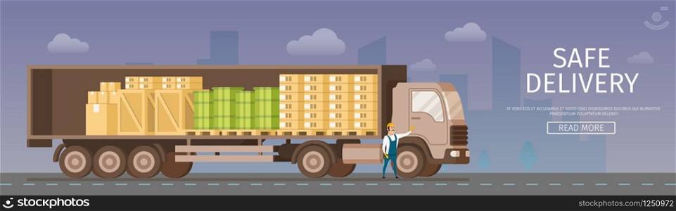 Side View of Open Safe Delivery Warehouse Truck. Storage Shipping Van Full of Cardboard and Wooden Box, Green Barrel on Tray. Worker in Uniform Standing Infront. Flat Cartoon Vector Illustration. Side View of Open Safe Delivery Warehouse Truck