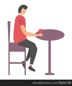 Side view of person character sitting at table, female holding cup, woman in casual clothes, disco club or cafe element, human drinking, leisure vector. Woman Sitting with Cup at Table, Leisure Vector