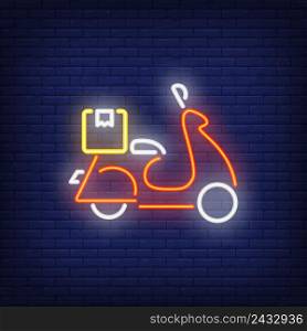 Side view of scooter on brick background. Neon style vector illustration. Moped, courier, motorcycle. Delivery banner. For business, service, transportation concept