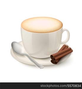 Side view on realistic beige cup filled with cappuccino decorated by chocolate crumbs vector illustration
