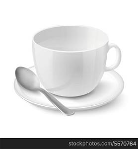 Side view on realistic empty white cup with saucer and chrome spoon isolated vector illustration
