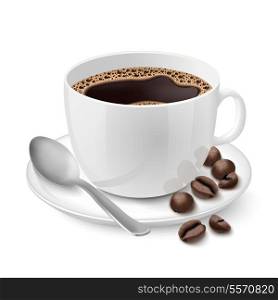 Side view on realistic white cup filled with black classic espresso with coffee beans vector illustration