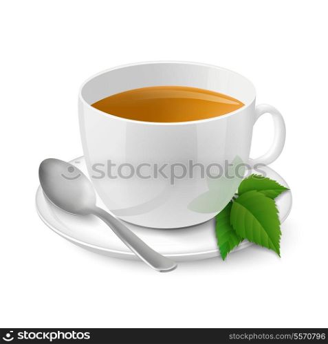 Side view on realistic white cup filled with black tea and mint vector illustration