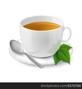 Side view on realistic white cup filled with black tea and mint vector illustration
