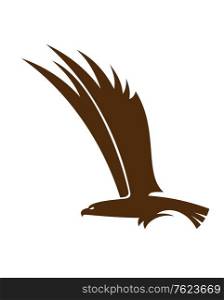 Side view silhouette of a flying falcon or hawk with its powerful wings raised for mascot or tattoo design