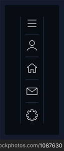 Sidebar menu UI element template. Quick access. Editable isolated vector dashboard component. Flat user interface. Visual data presentation. Web design widget for mobile application with dark theme. Sidebar menu UI element template