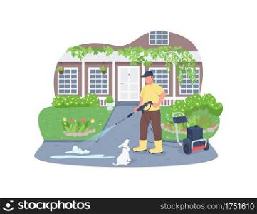 Sidewalk cleaning with power wash gun 2D vector web banner, poster. Professional cleaner flat characters on cartoon background. Spring outdoor cleaning work printable patch, colorful web element. Sidewalk cleaning with power wash gun 2D vector web banner, poster
