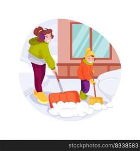 Sidewalk snow removal isolated cartoon vector illustration. Family removing snow from sidewalk near house, parent holding big spade, kid help with small shovel, winter routine vector cartoon.. Sidewalk snow removal isolated cartoon vector illustration.